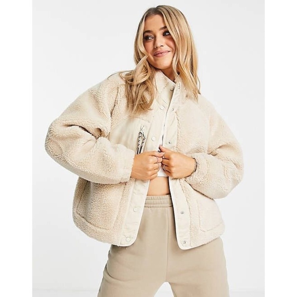 Pull&Bear Cream Teddy Fleece Mock Neck Jacket Medium Oversized Sherpa Beige